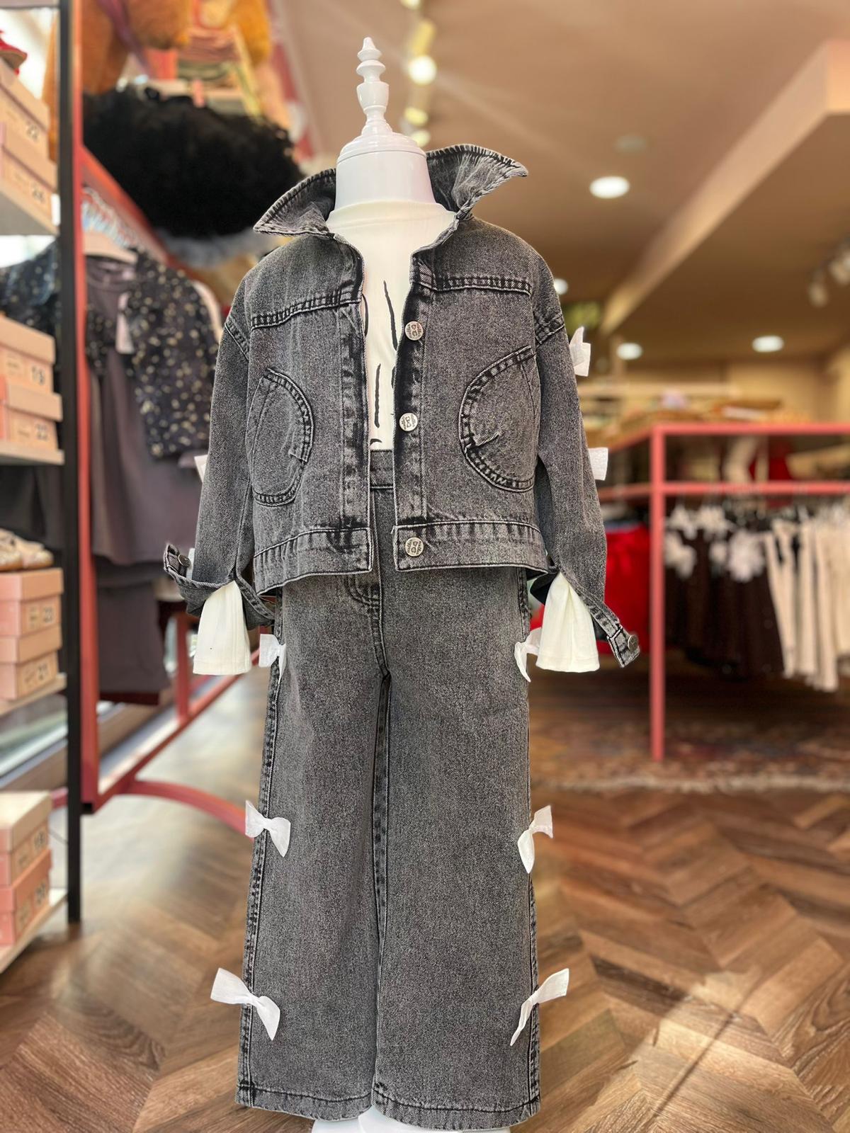 FİYONK DETAYLI KOT CEKETLİ 3'LÜ TAKIM Gri