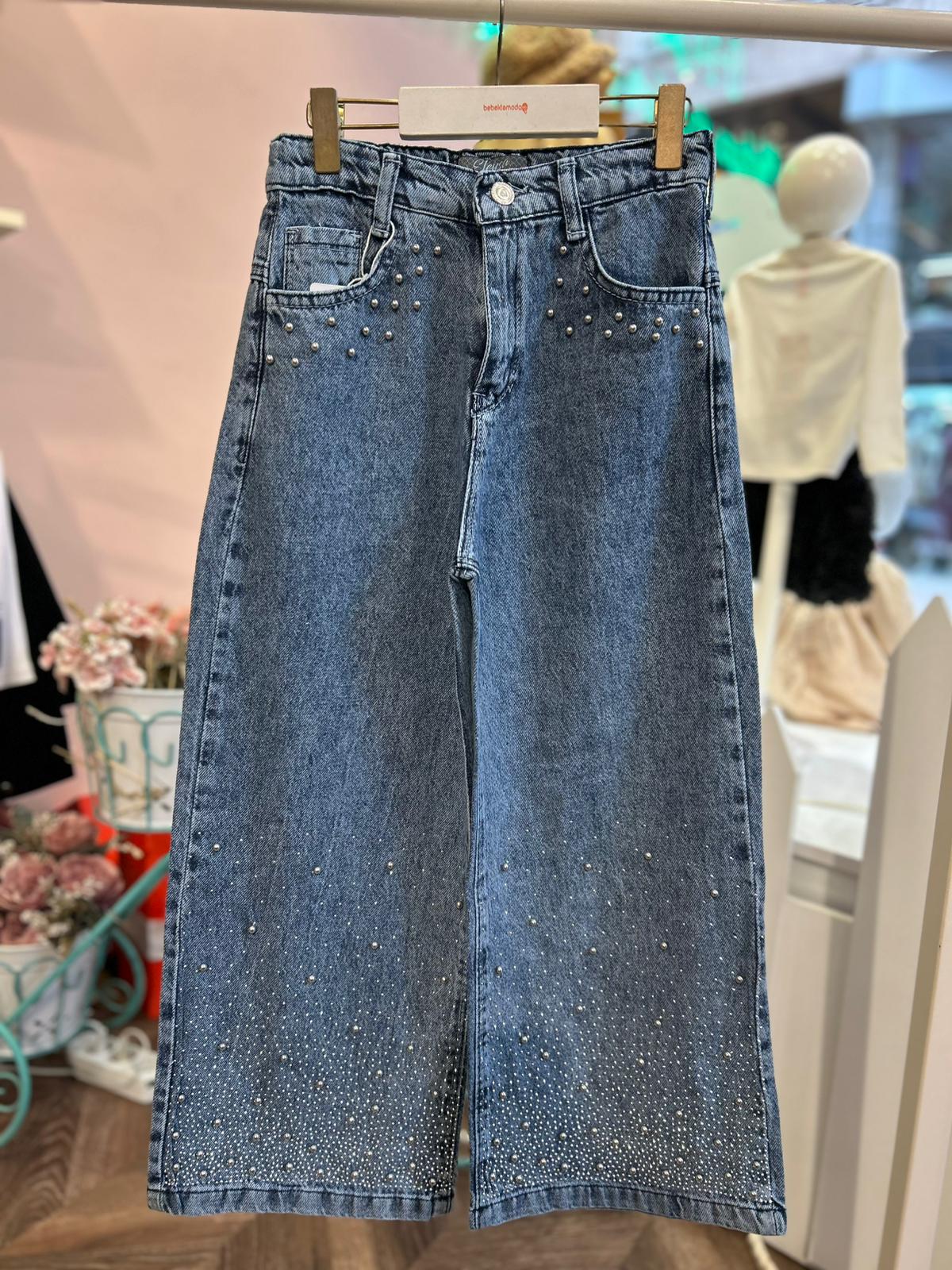 PAÇASI VE CEBİ TAŞ DETAYLI BOL PAÇA KOT PANTOLON Mavi