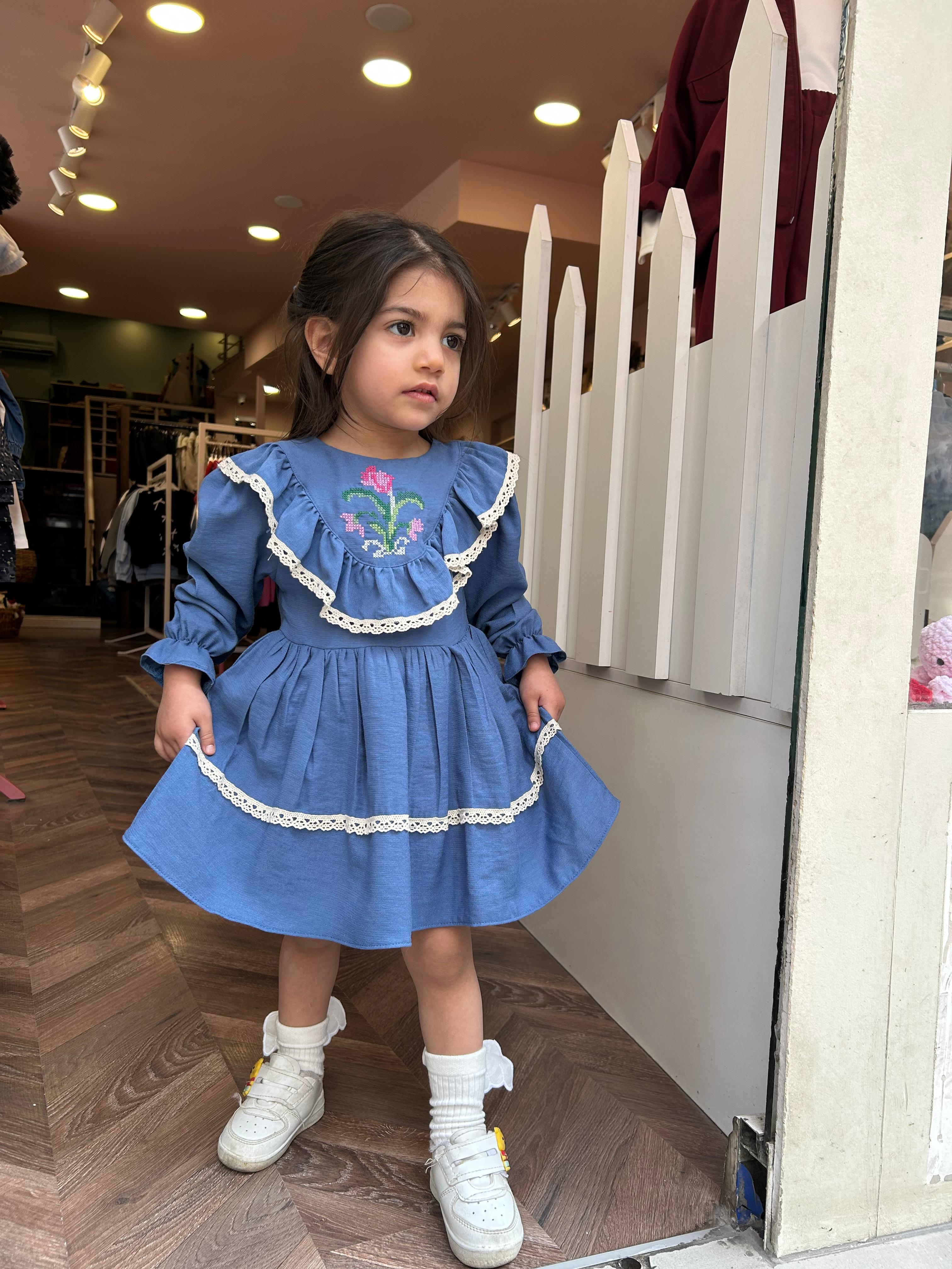 TOKA AKSESUARLI GÜPÜRLÜ ELBİSE Mavi