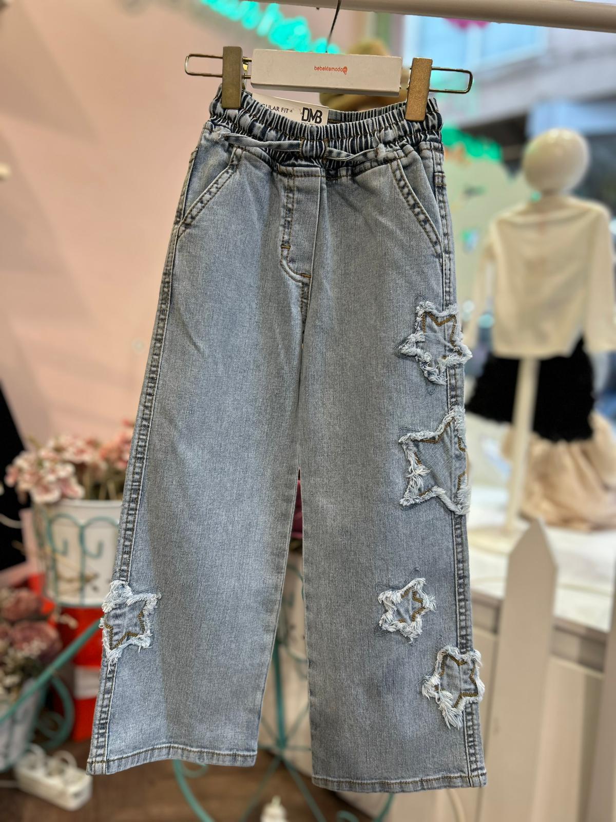 YILDIZ KABARTMALI BELİ LASTİKLİ KOT PANTOLON Mavi