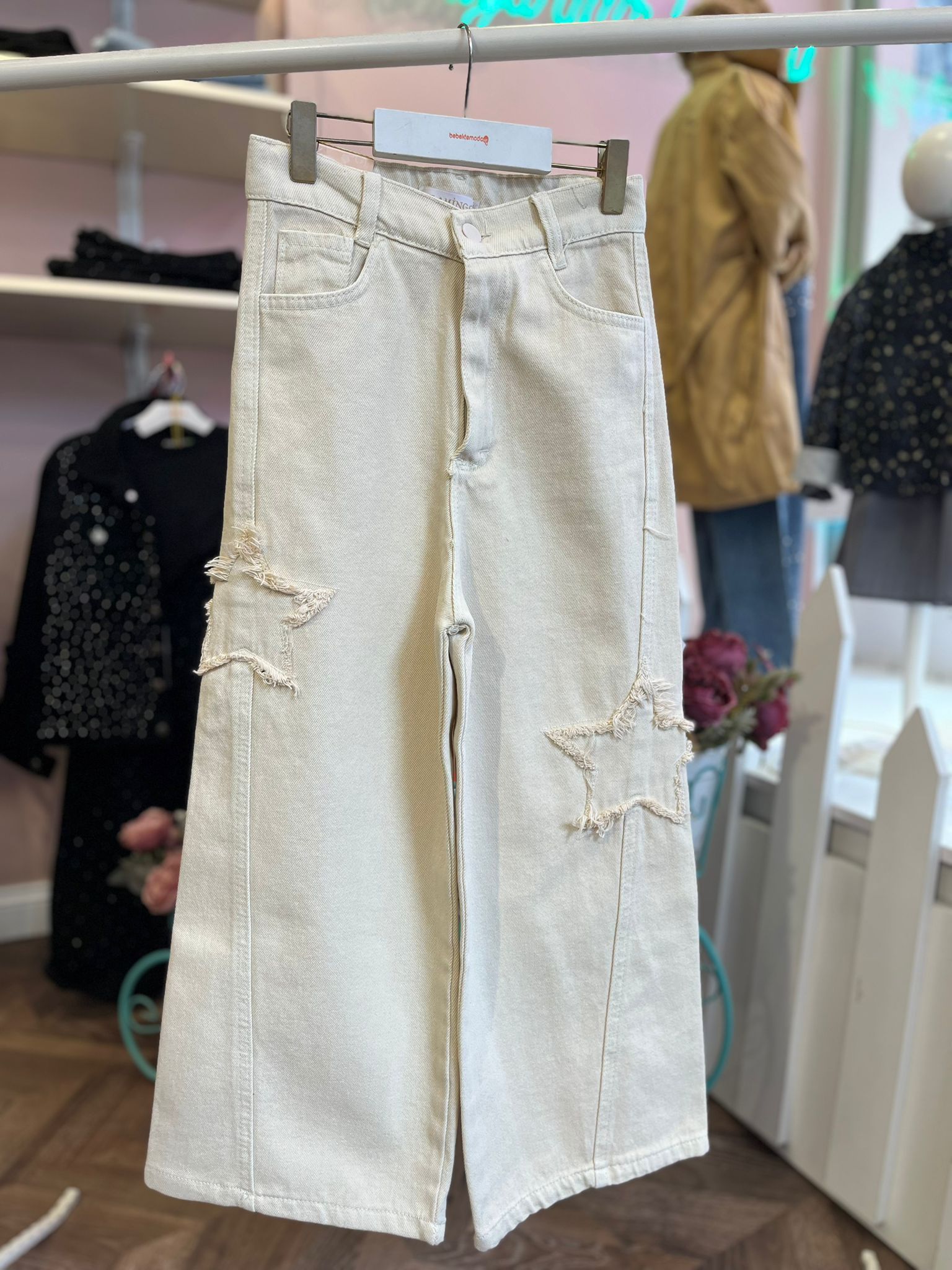 YANLARI YILDIZ NAKIŞLI PALAZZO PANTOLON Bej