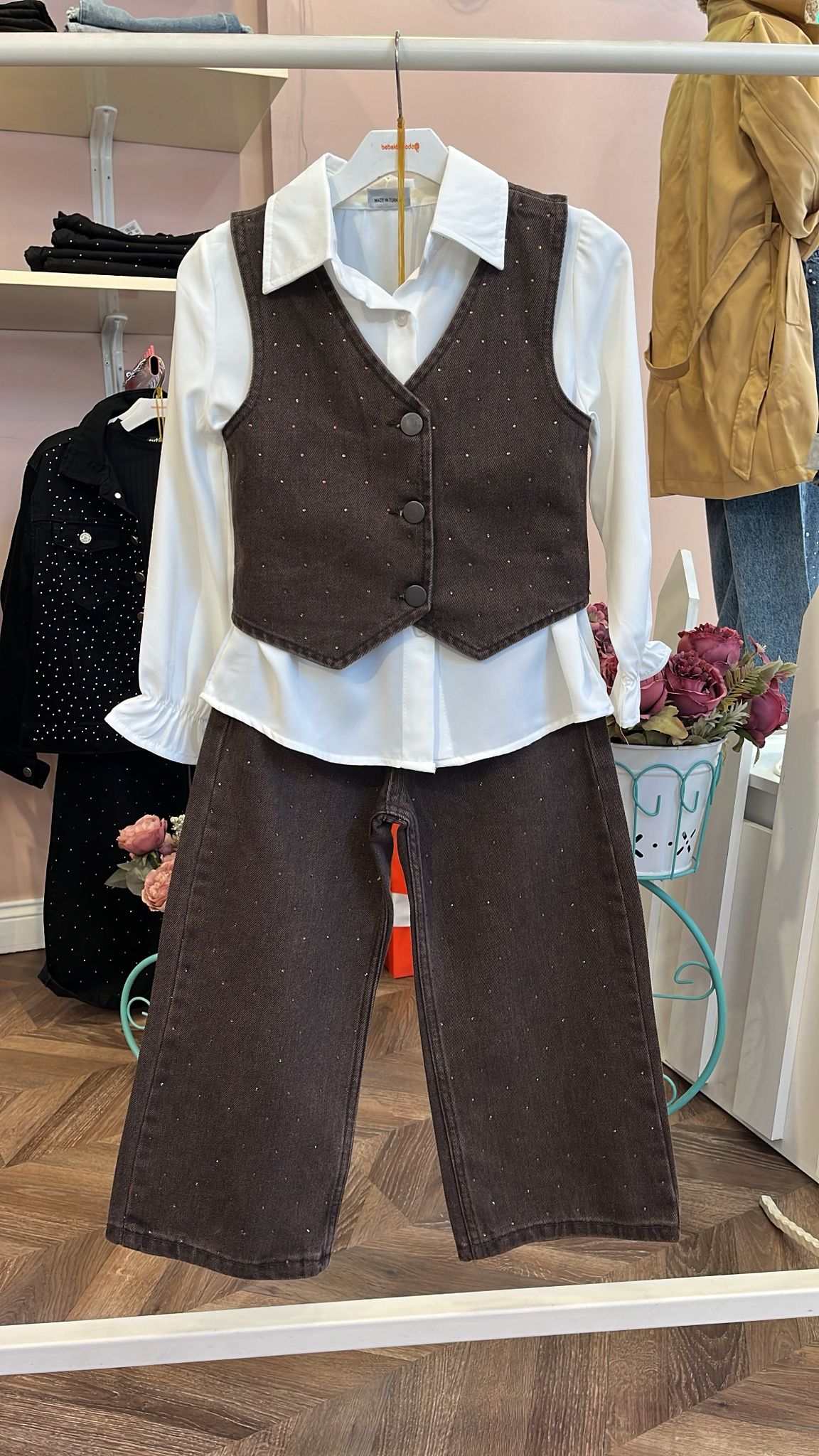 TAŞ DETAYLI YELEKLİ 3'LÜ KOT TAKIM Kahverengi