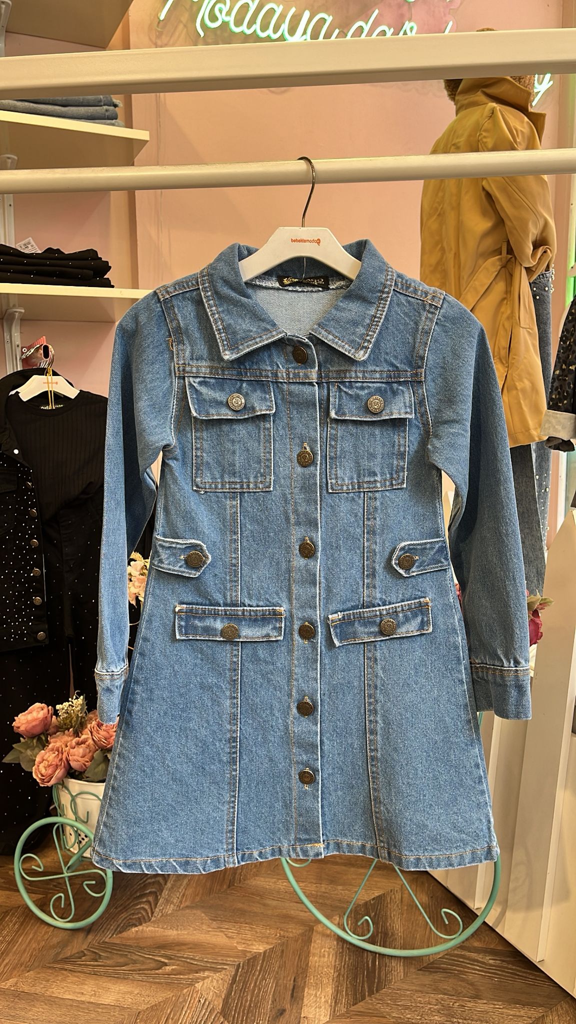 ÖNDEN DÜĞMELİ KOT ELBİSE Mavi