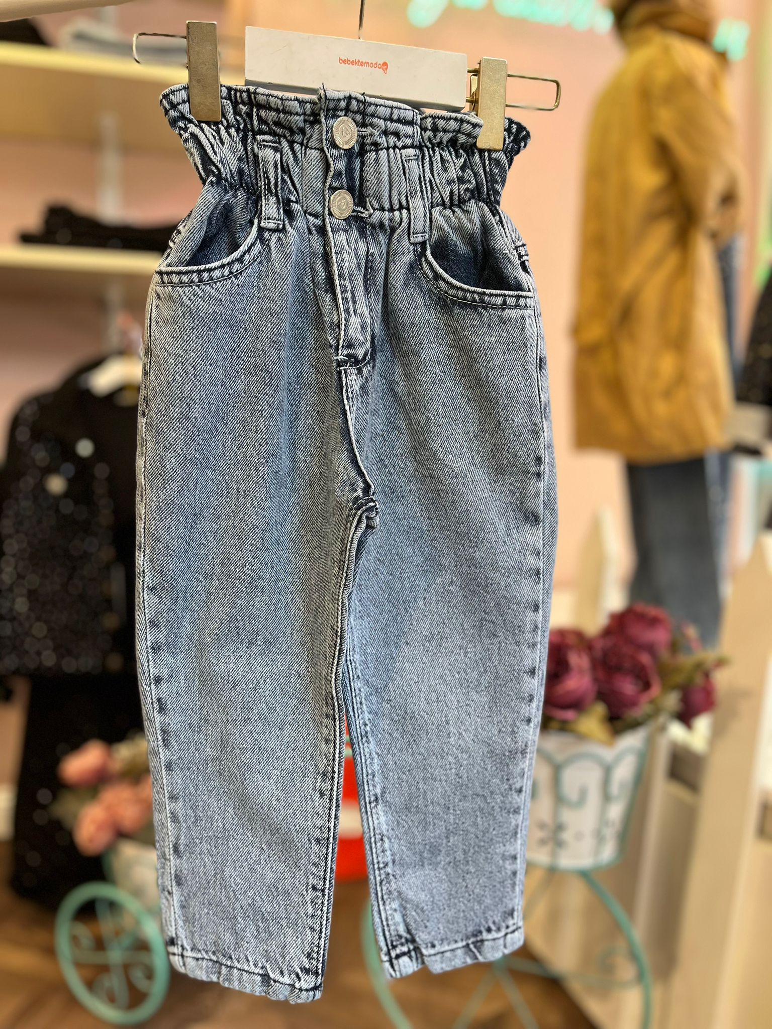 YÜKSEL BEL LASTİKLİ KOT PANTOLON Mavi