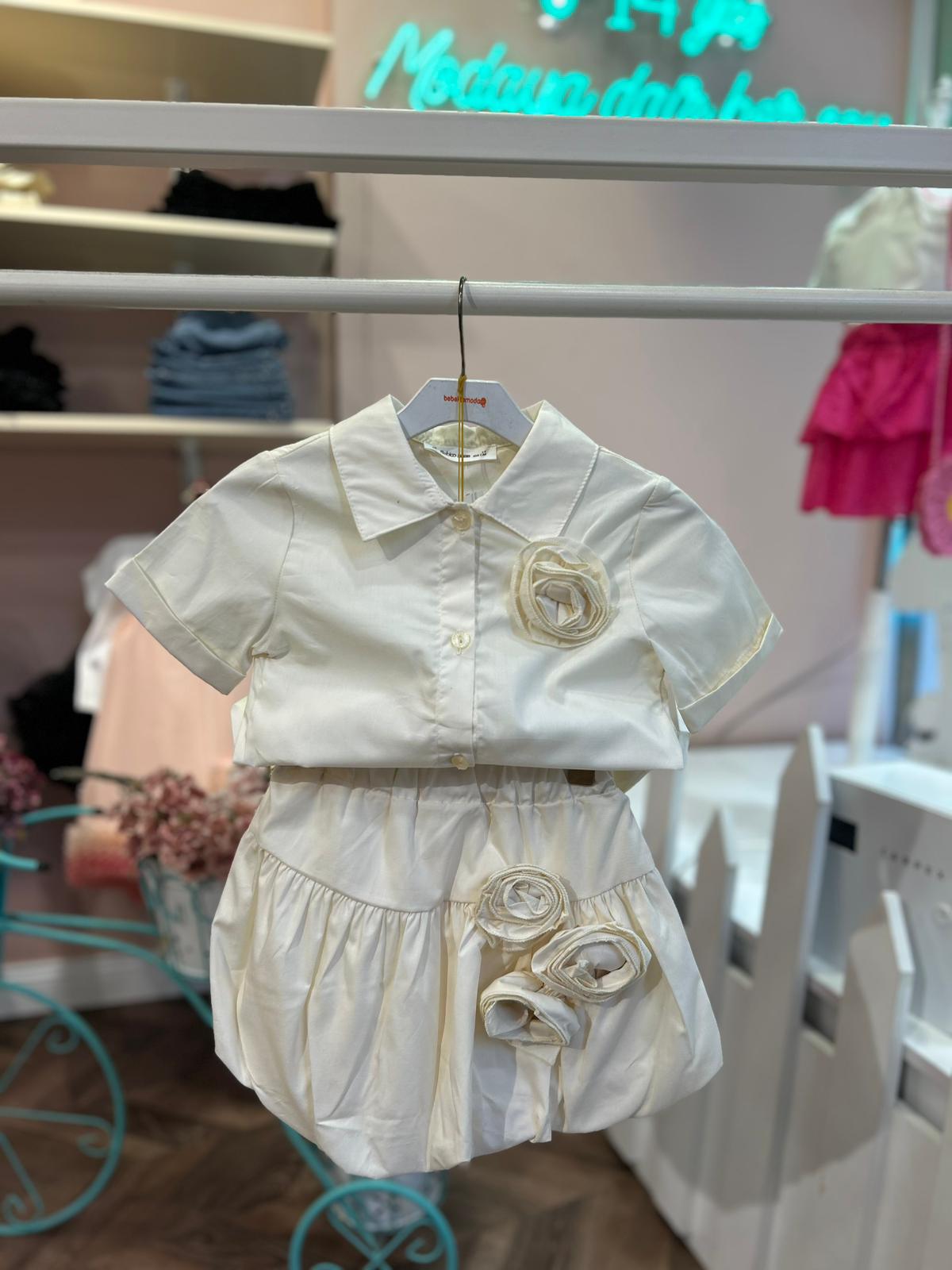 GÜL DETAYLI BALON ETEKLİ TAKIM Bej