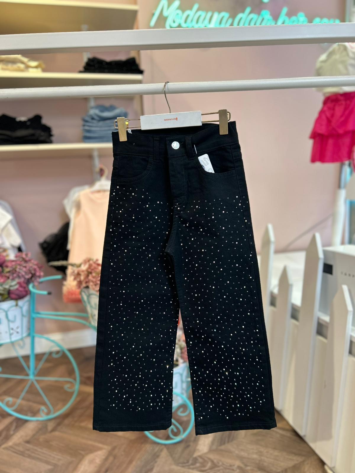 ÖNÜ TAŞLI BOL PAÇA PANTOLON Siyah