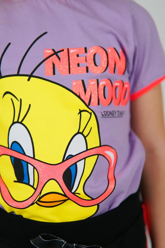 Lila Neon Mood Karakter Baskılı Şortlu İkili Takım