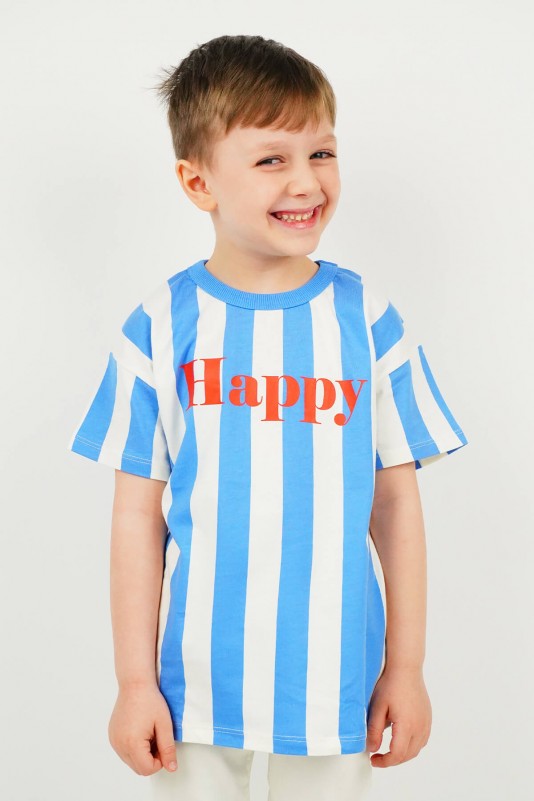 Mavi Happy Çizgili Kısa Kollu Tişört