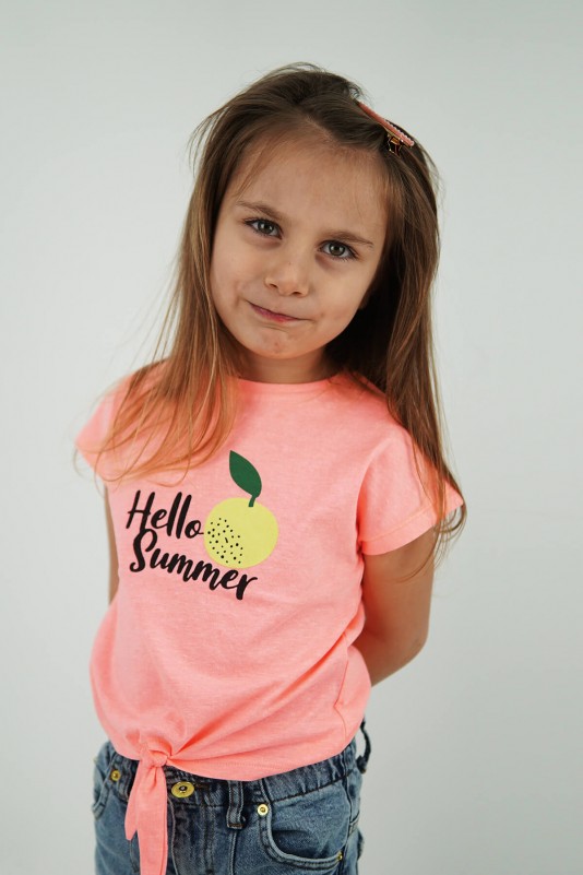 Pembe Hello Summer Portakal Baskılı Beli Bağcıklı Tişört