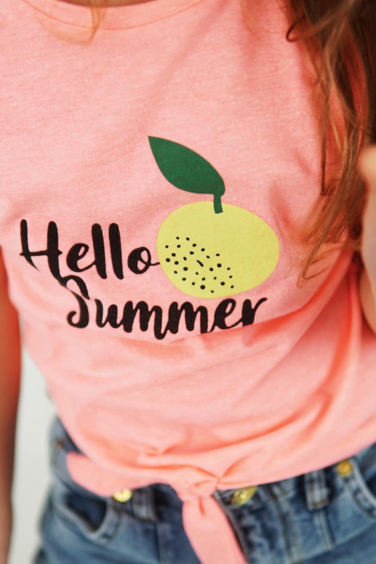 Pembe Hello Summer Portakal Baskılı Beli Bağcıklı Tişört