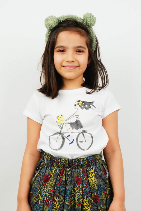 Kız Bisiklet Baskılı Kısa Kollu Tişört Beyaz