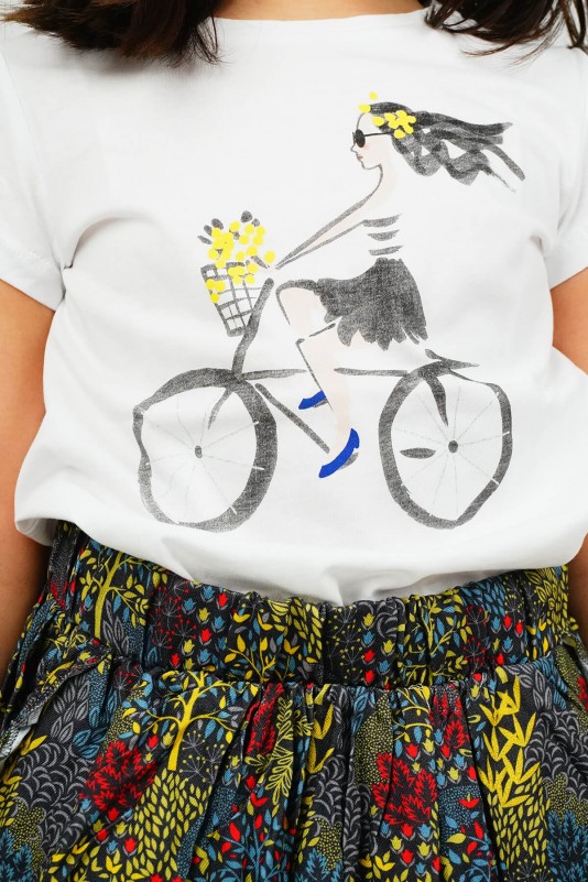 Kız Bisiklet Baskılı Kısa Kollu Tişört Beyaz