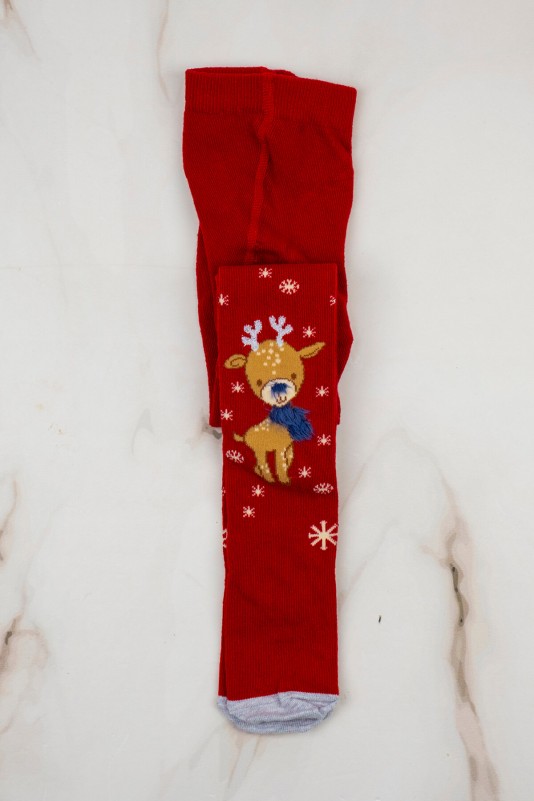 Kış Temalı Geyik Detaylı Külotlu Çorap Kırmızı