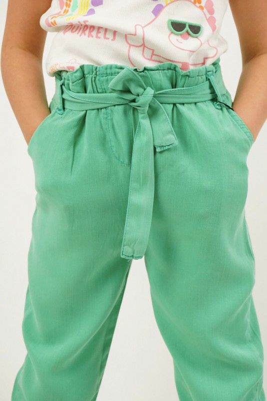 Beli Kemerli Relax Fit Keten Pantolon Yeşil