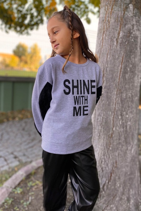 Shine Kolları Dantel Detaylı Sweatshirt Gri