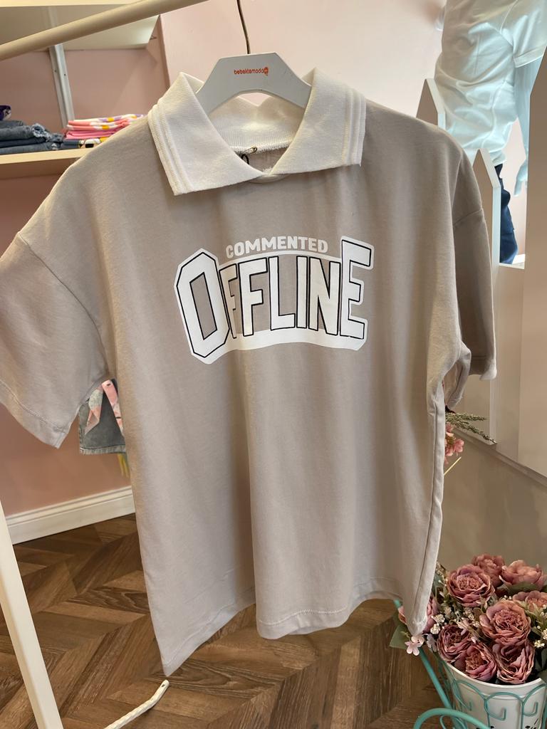 Offline Sloganlı Polo Yaka Tişört Gri
