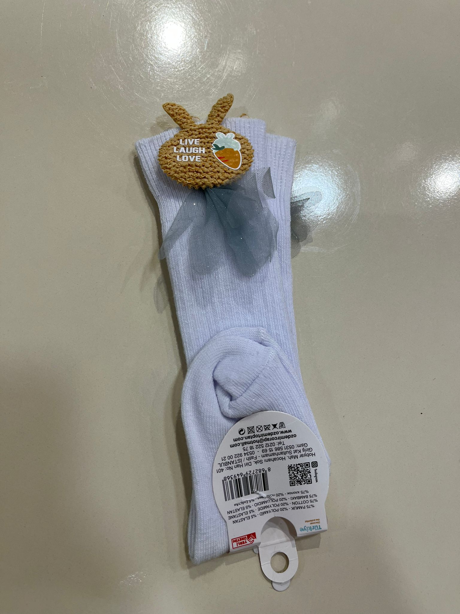 Tavşan Detaylı Dizaltı Çorap Beyaz