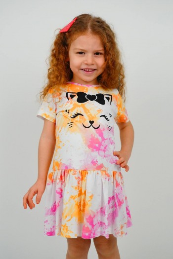 Çok Renkli Cat Batik Desen Kısa Kollu Elbise