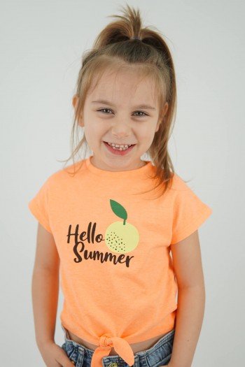 Turuncu Hello Summer Portakal Baskılı Beli Bağcıklı Tişört