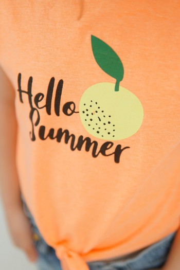 Turuncu Hello Summer Portakal Baskılı Beli Bağcıklı Tişört