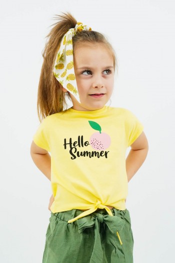 Hello Summer Portakal Baskılı Beli Bağcıklı Tişört Sarı