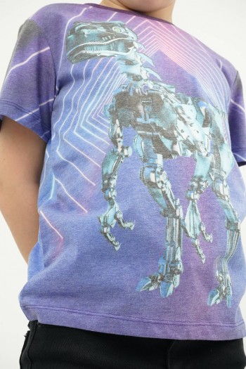 Mor Cyber Dinozor Baskılı Tişört