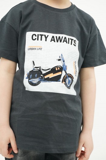 Siyah City Awaits Motosiklet Baskılı Tişört