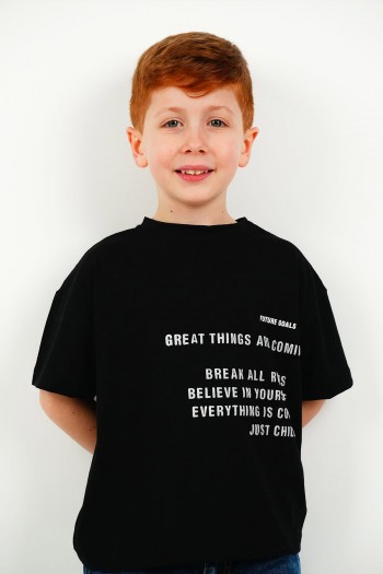 Siyah Future Goals Sloganlı Tişört