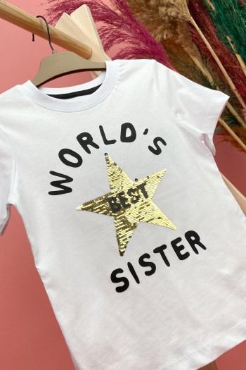 World's Best Sister Yıldız Payetli Tişört Beyaz